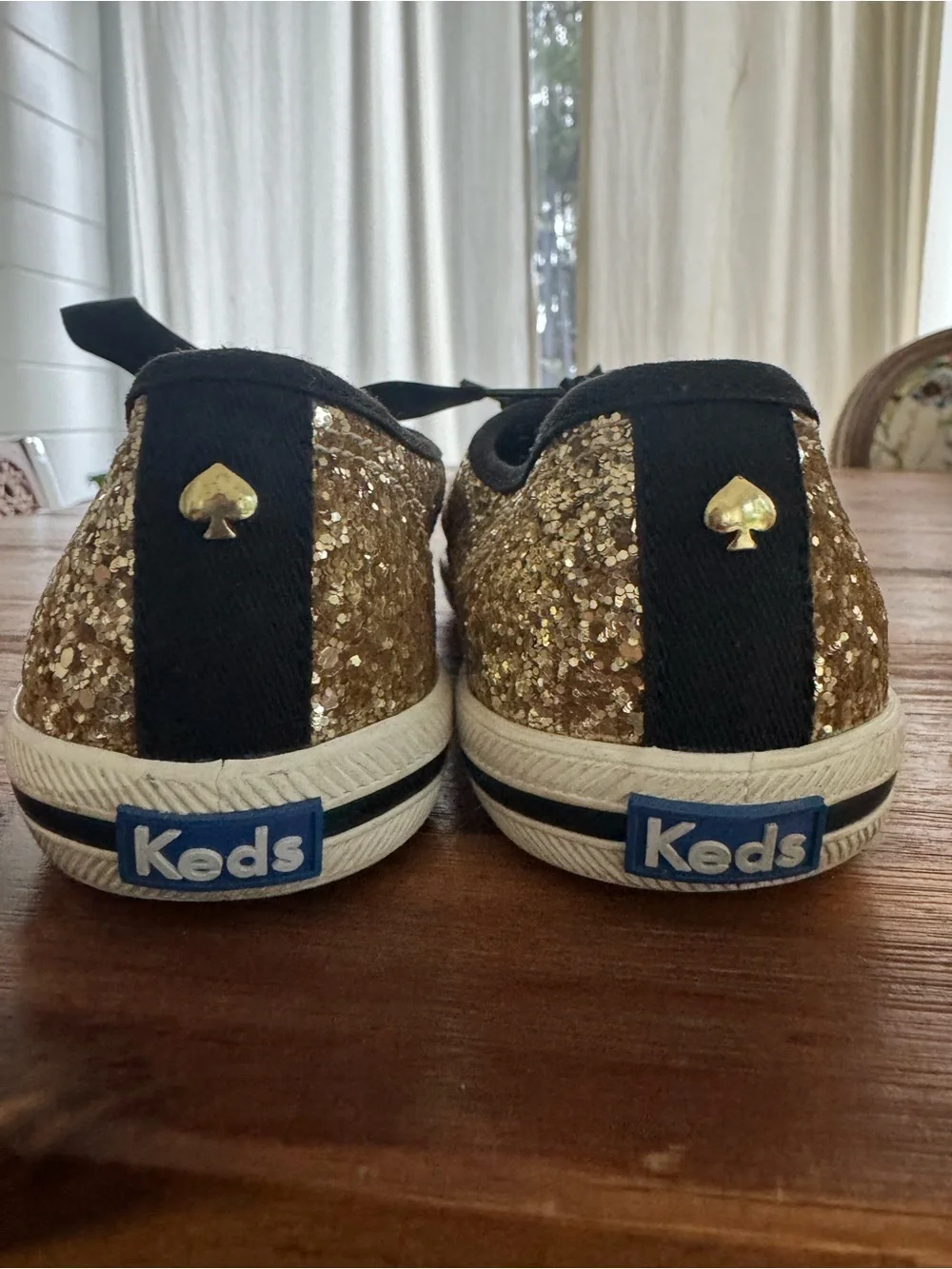 Kate Spade Keds Women's Gold Glitter Lace-Up Sneakers with Black Ribbon